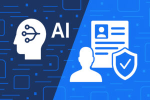 Graphic of a head with connections inside of it with a divider and a person and their credentials and a shield | AI in background screening | Evolution Consulting LLC | OIG Compliance NOW LLC