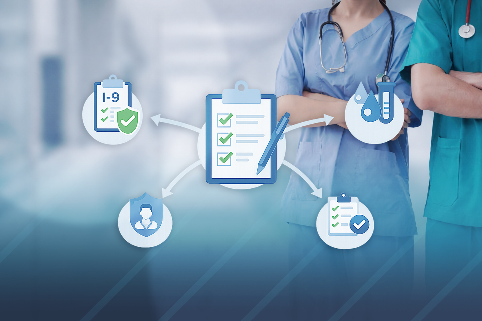 Visual diagram illustrating a compliance strategy 2026 with Form I-9 audits, background checks, drug testing, and vendor screening for healthcare organizations by OIG Compliance NOW LLC