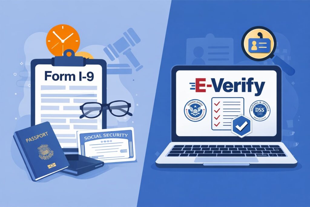 A graphic with an image of a clipboard with Form I-9 represented on it, personal documents and a laptop with E-Verify represented on the screen. | Evolution Consulting LLC