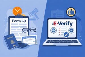 A graphic with an image of a clipboard with Form I-9 represented on it, personal documents and a laptop with E-Verify represented on the screen. | Evolution Consulting LLC