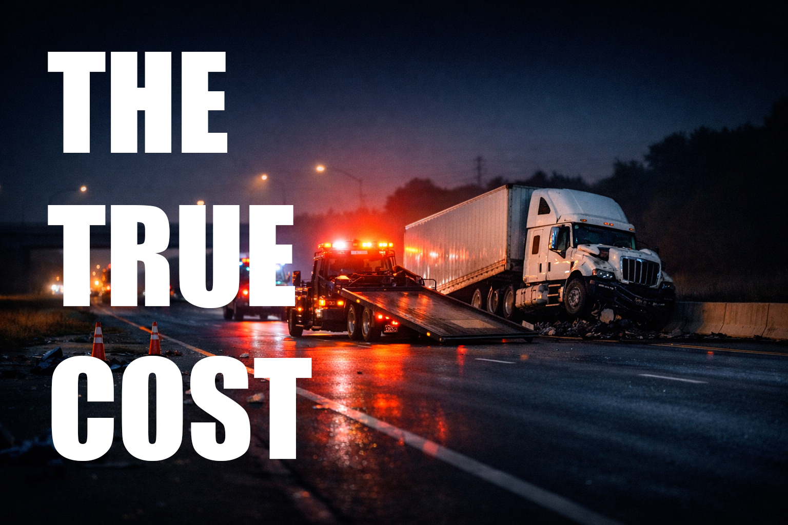 Image of a tractor trailler after an accident and a flatbed tow truck waiting to remove the vehicle with text that says "The True Cost" | cost of a bad hire | Evolution Consulting LLC