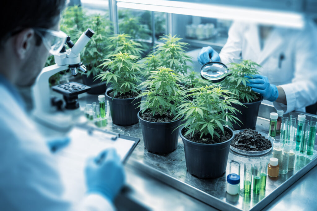 Image of scientists studying marijuana plants in a lab | DOT marijuana testing requirements | Evolution Consulting LLC